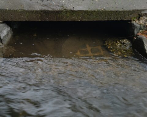 water rushing into a sewer drain