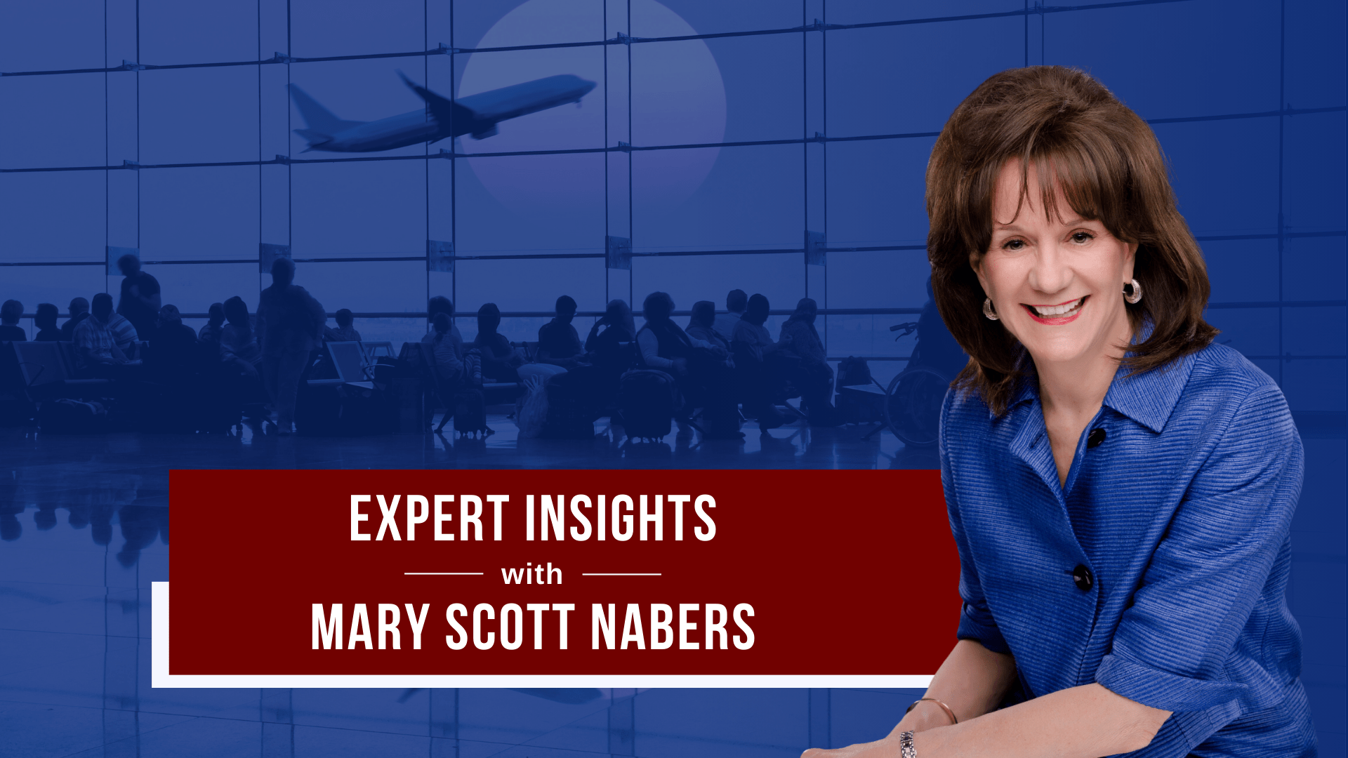 Mary Scott Nabers smiles for a professional headshot in front of a blue graphic of an airport