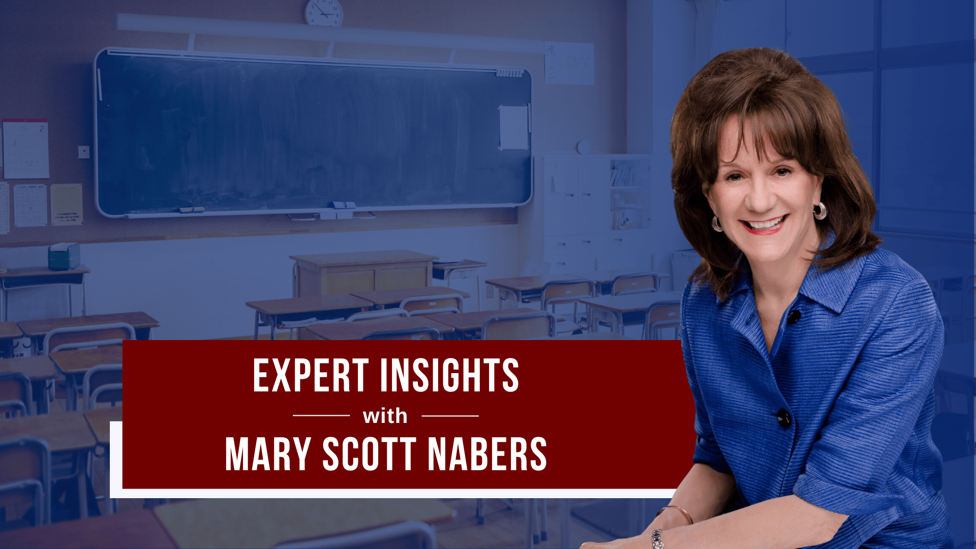 mary scott nabers smiles for a professional headshot in front of a blue graphic showcasing a classroom