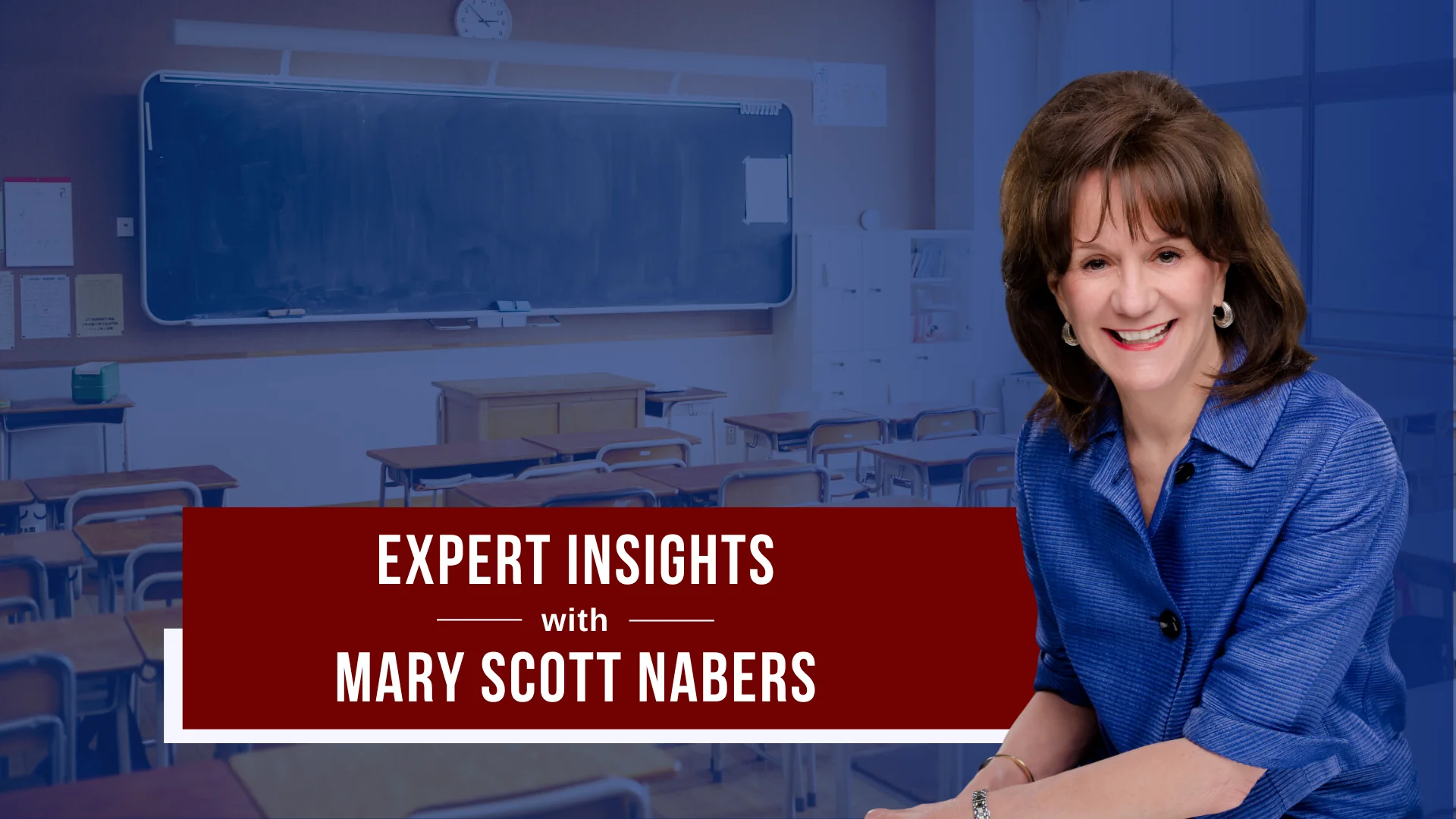 mary scott nabers smiles for a professional headshot in front of a blue graphic showcasing a classroom