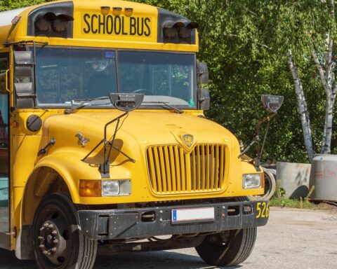 A school bus sits on an empty street with trees along the road beside.