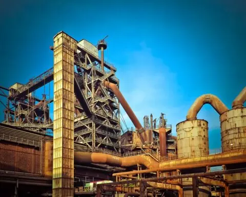 A rusty industrial building sits untouched amid a blue sky.