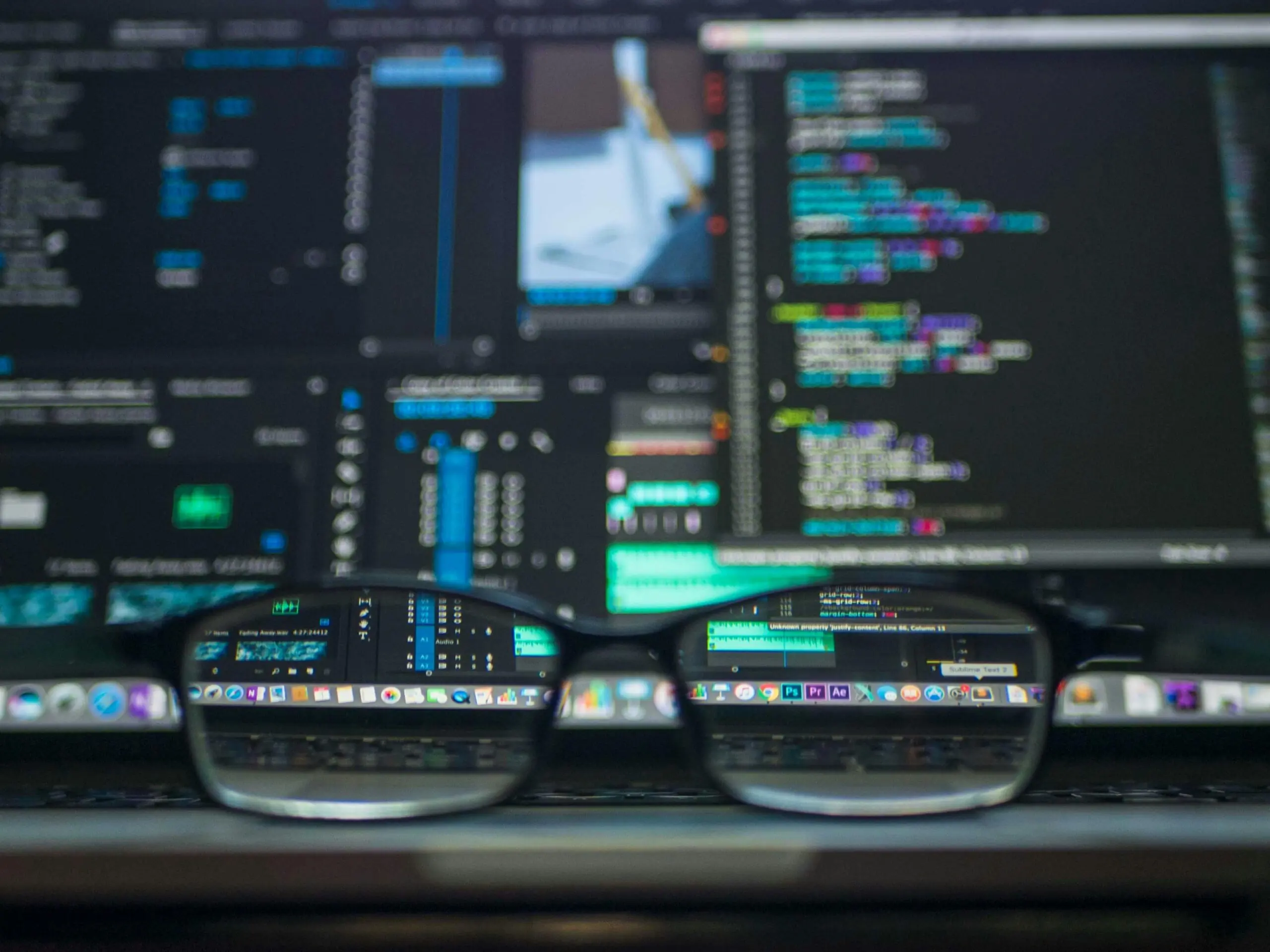 A pair of glasses is in front of a computer screen with various codes and programs.