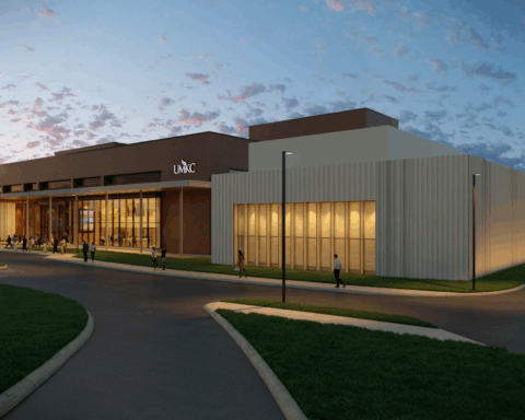 A rendering of the proposed conservatory space, extending the Olson Performing Arts Center on the UMKC campus.