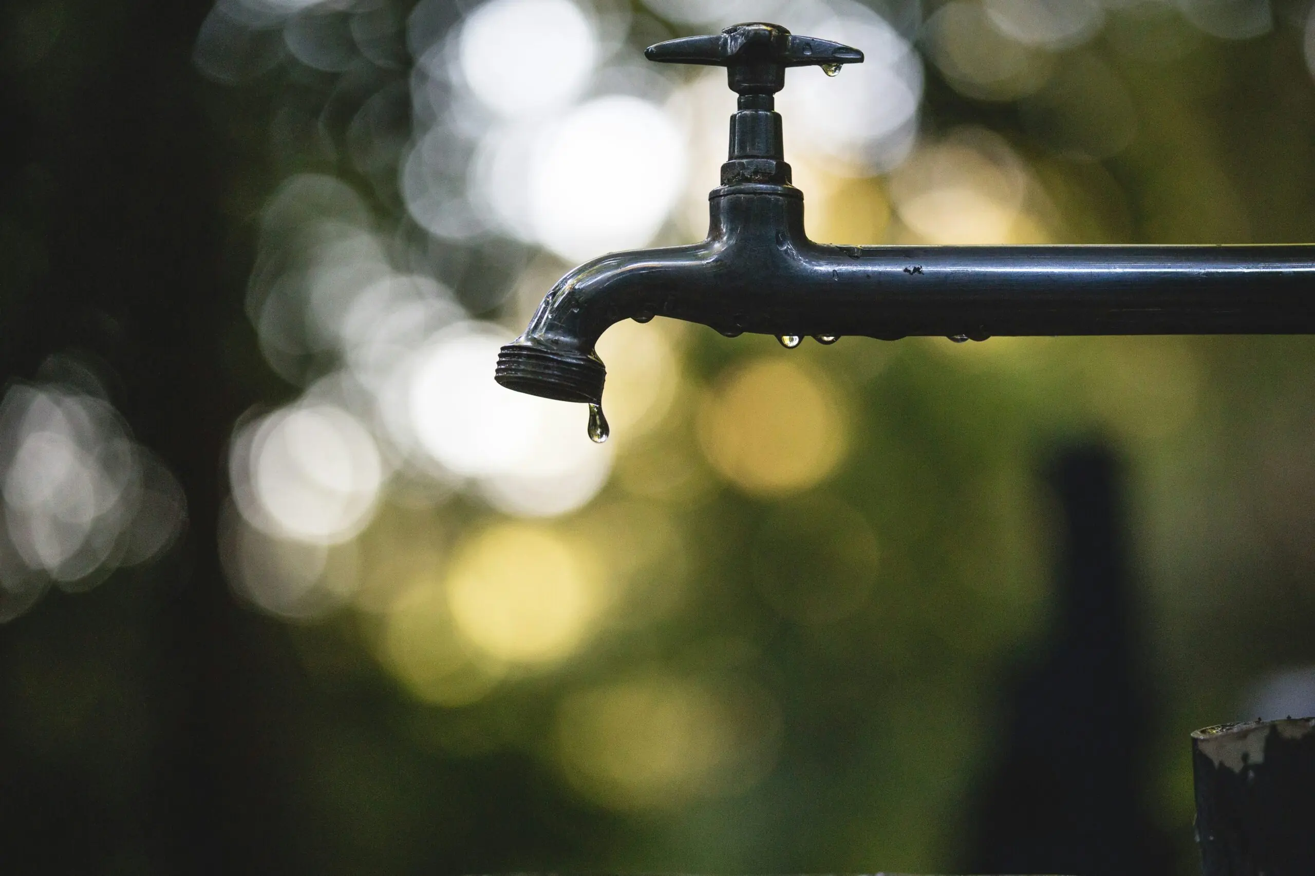 a faucet drips water in front of a blurry background
