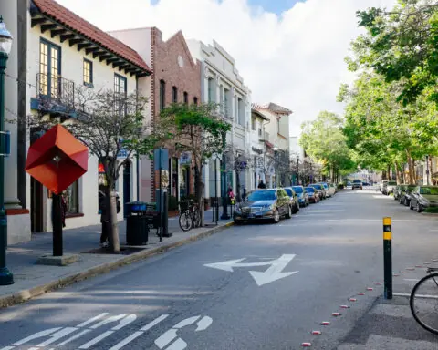 downtown santa cruz, looking at a street and buildings
