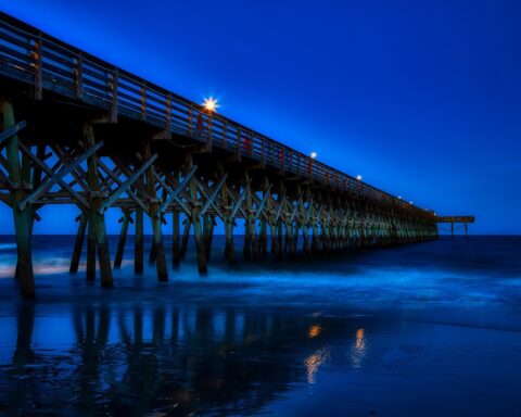 a pier in the night sky in myrtle beach
