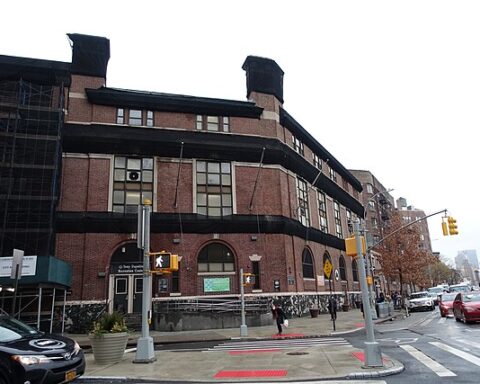 The Tony Dapolito Recreation Center under renovation, next to James J. Walker Park at the northwest corner of Carmine Street