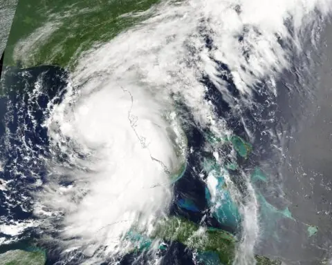 Hurricane Debby as viewed from space hitting the western coast of Florida in 2024.