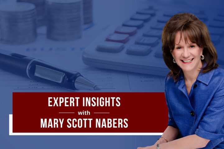 Mary Scott Nabers sits before an image of a pen and calculator.