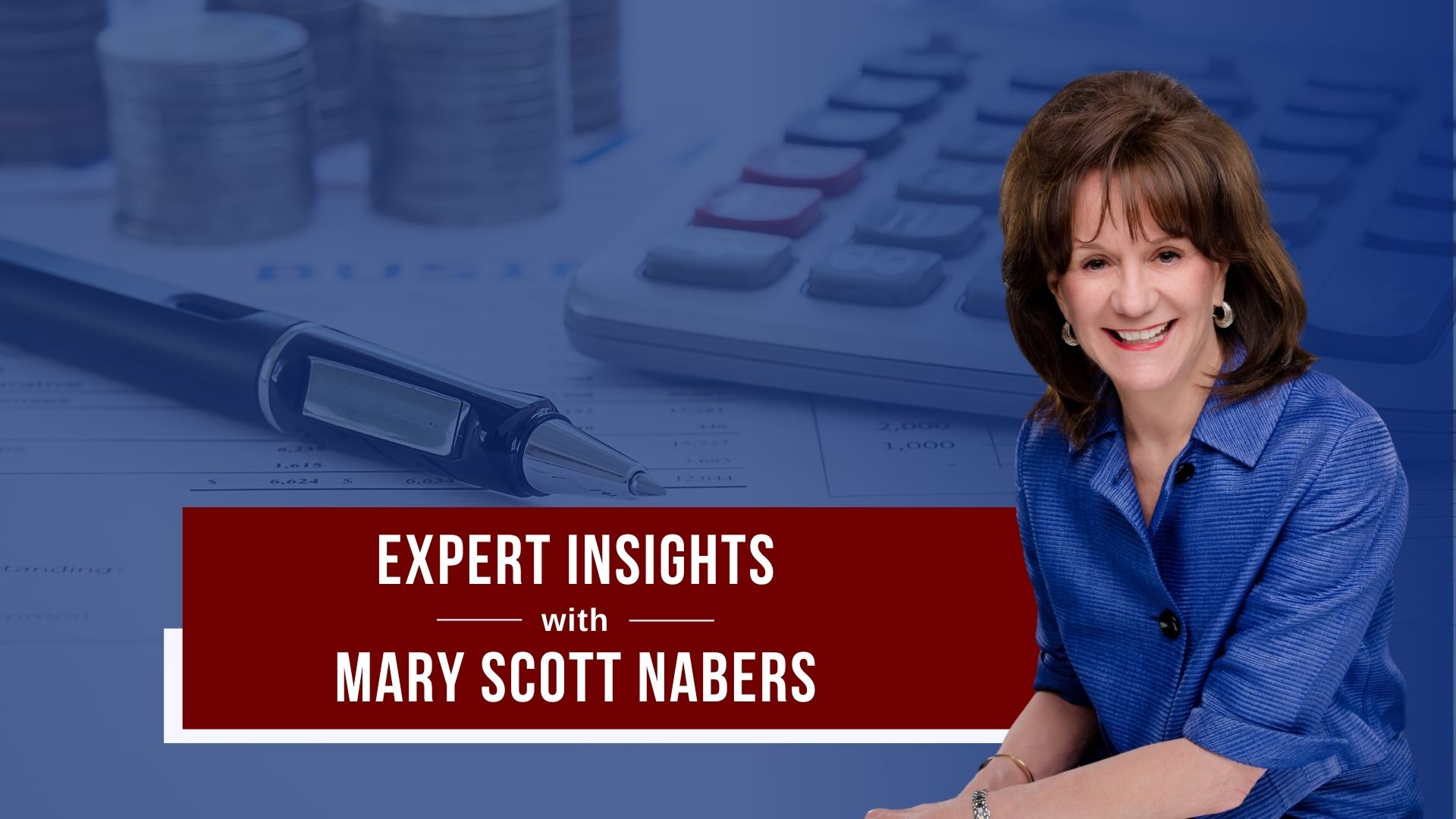 Mary Scott Nabers sits before an image of a pen and calculator.