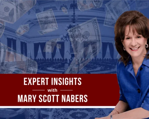 Mary Scott Nabers sits before a imposed background for her weekly column