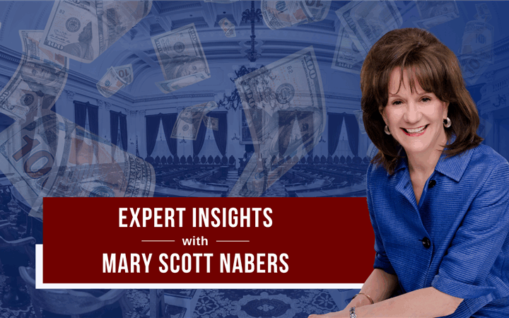Mary Scott Nabers sits before a imposed background for her weekly column