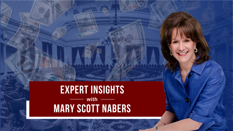 Mary Scott Nabers sits before a imposed background for her weekly column