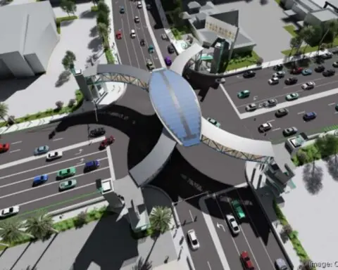Rendering of a proposed drone-shaped pedestrian bridge in Orange County, Florida.