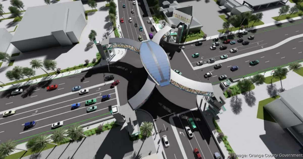 Rendering of a proposed drone-shaped pedestrian bridge in Orange County, Florida.