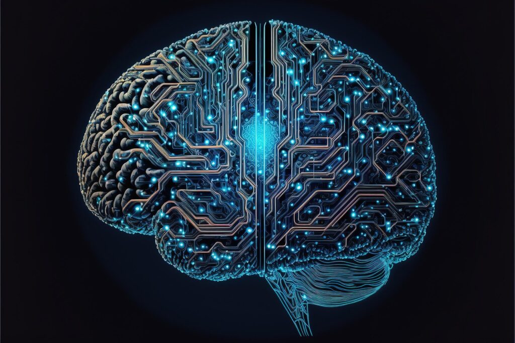 A digitized brain filled with firing connections to represent artificial intelligence.