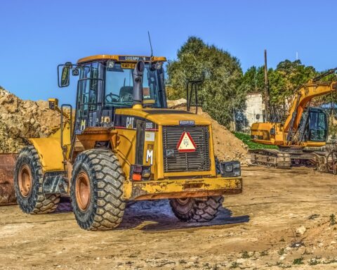 A bulldozer on a construction site.
