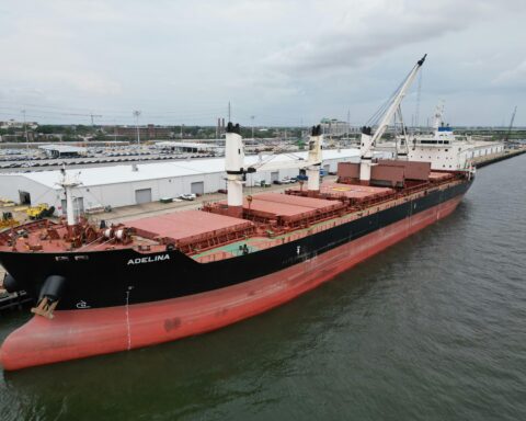 A cargo ship at the port of Charleston in South Carolina.