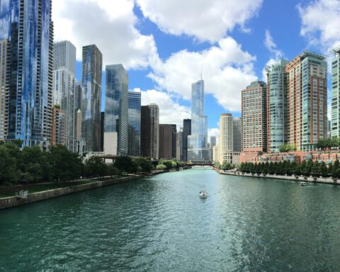 A boat passes through the water in Chicago.