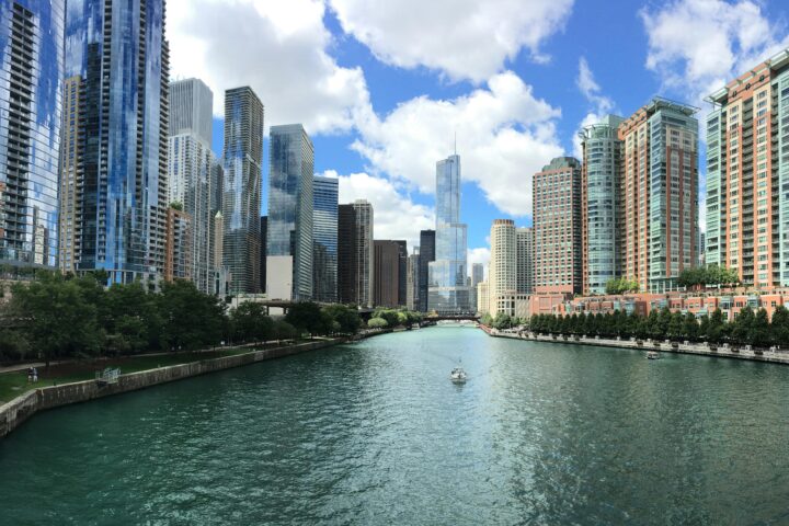 A boat passes through the water in Chicago.