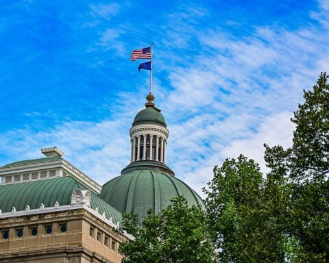 The top of the Indiana State Capital building in Indianapolis.