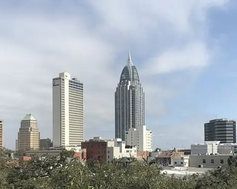 The Mobile, Alabama, skyline from a distance.