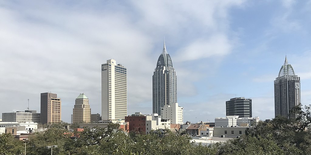 The Mobile, Alabama, skyline from a distance.