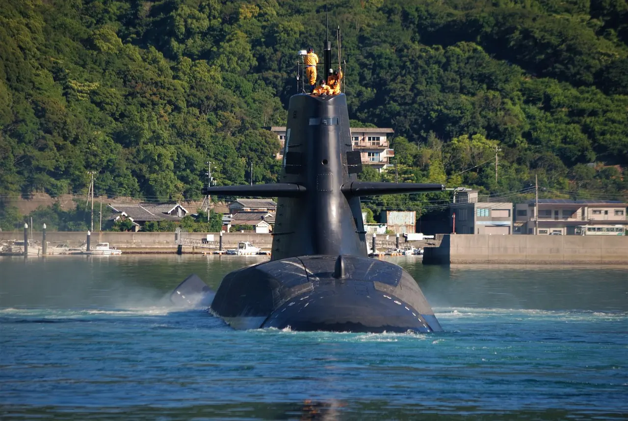 A submarine with crew on the top in the water before a grass landing.