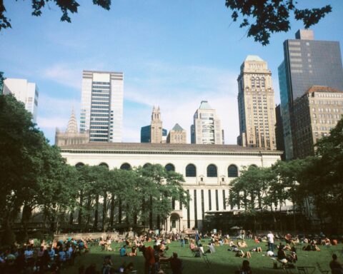 People gather in a park in new York.