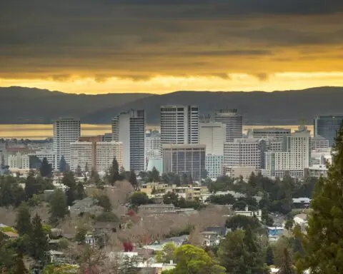 The Oakland city skyline in California.