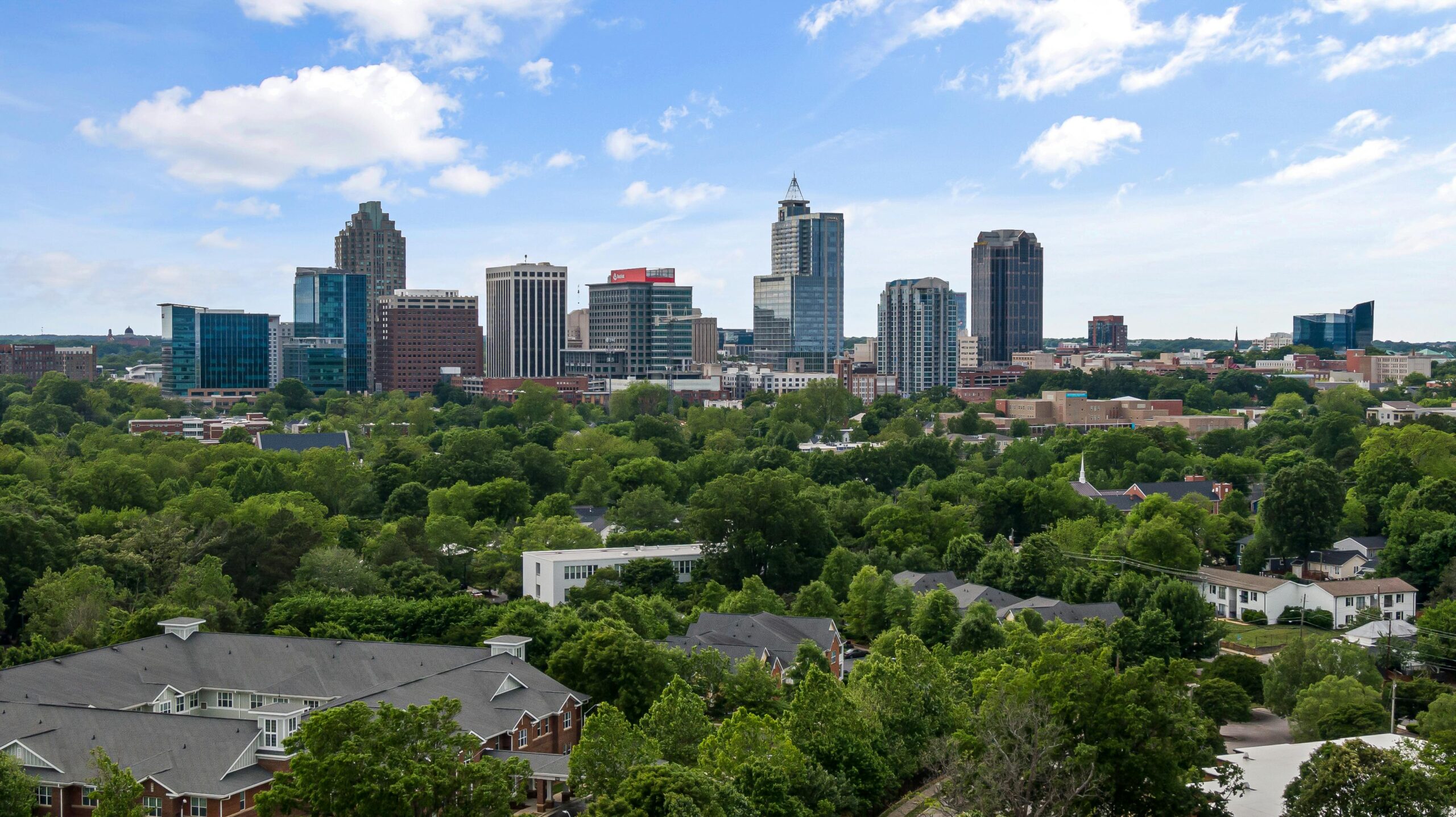 The image depicts Raleigh's skyline in North Carolina during the day.