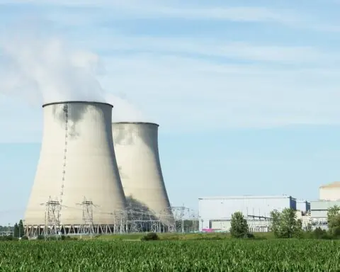Nuclear silos in the distance above a grassy field.