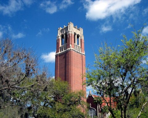 A tall tower at the University of Florida in Florida.