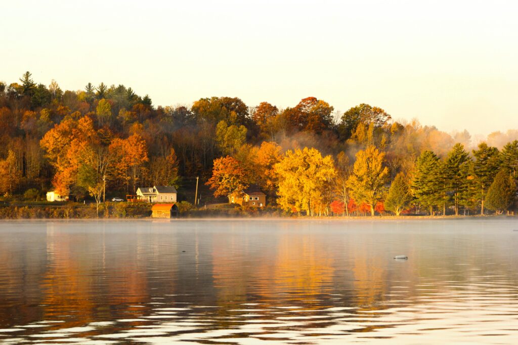 Houses line a body of water and trees in Vermont.