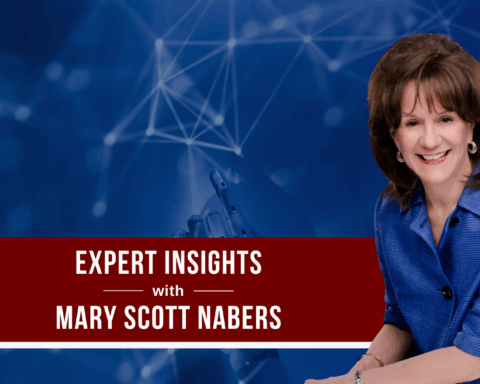 Mary Scott Nabers before a digitized, blue background for her weekly column.
