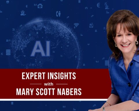 Mary Scott Nabers before an image depicting artificial intelligence for her weekly column.