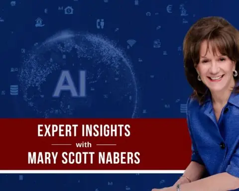Mary Scott Nabers before an image depicting artificial intelligence for her weekly column.