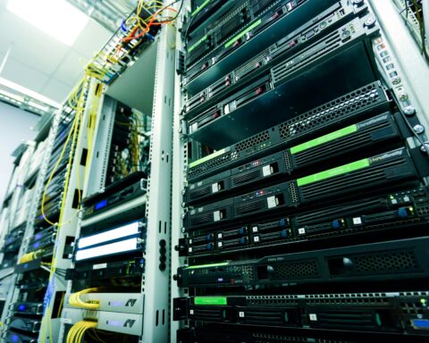 Computer systems in racks.