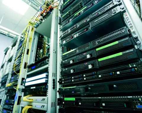 Computer systems in racks.