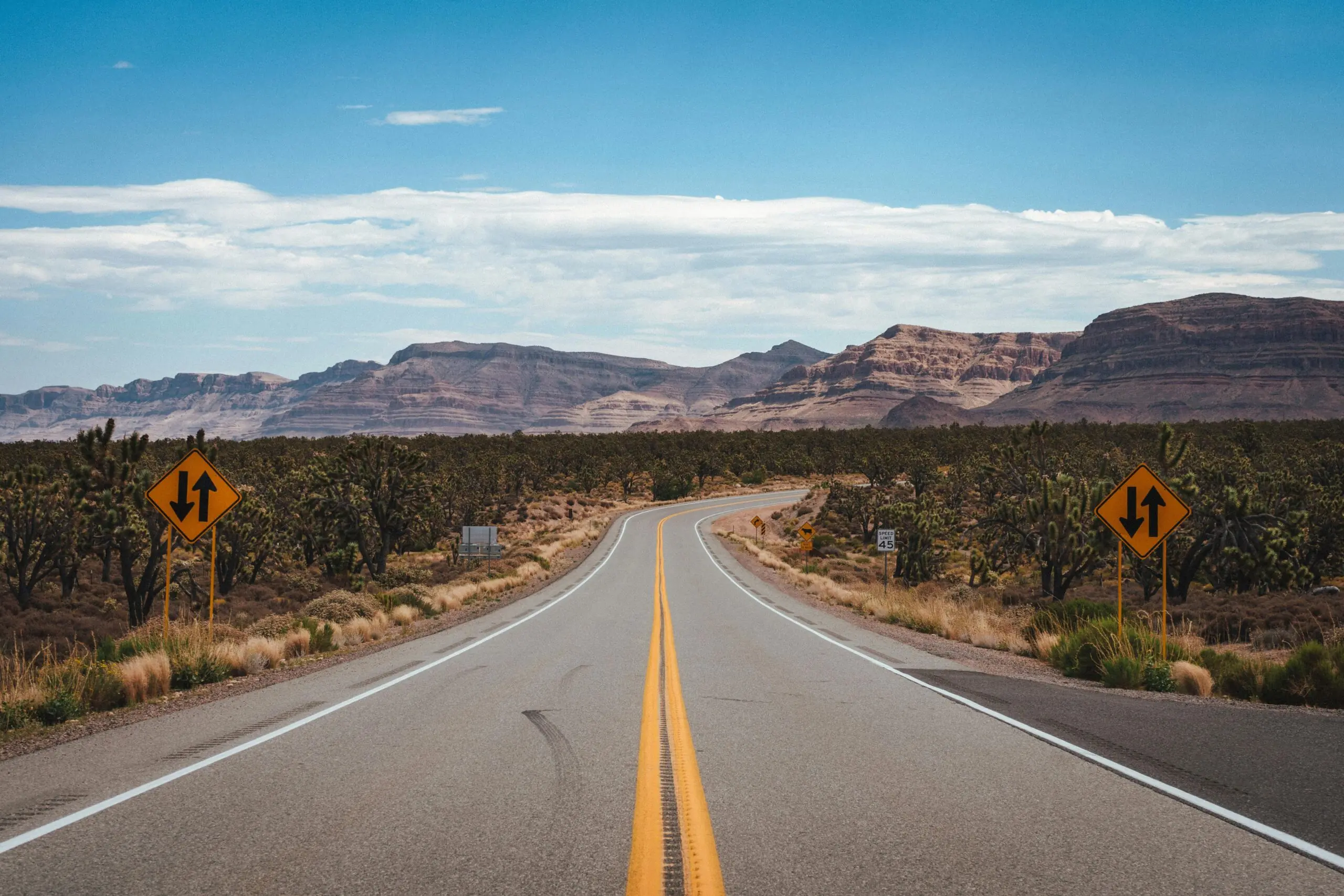 A highway in Arizona leads to distant rock formations and desert.