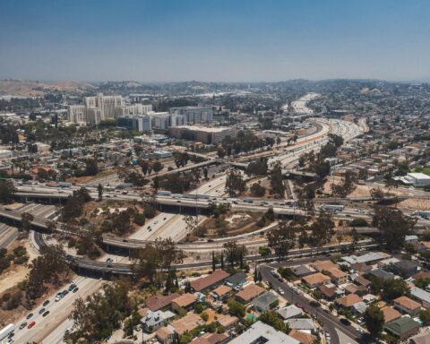 An aerial view of a California highway with intersecting roads and streets in Los Angeles.