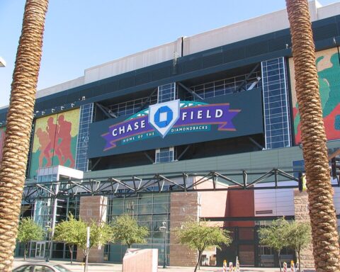 Chase Field, home of the Arizona Diamondbacks, from the outside of the building.