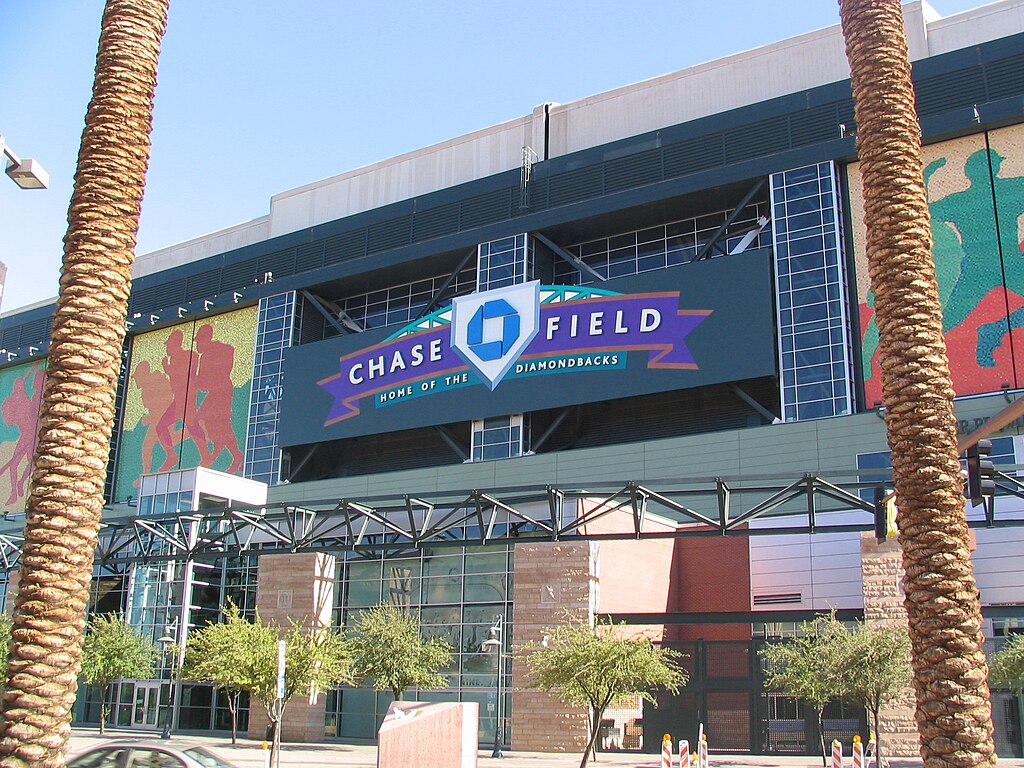 Chase Field, home of the Arizona Diamondbacks, from the outside of the building.