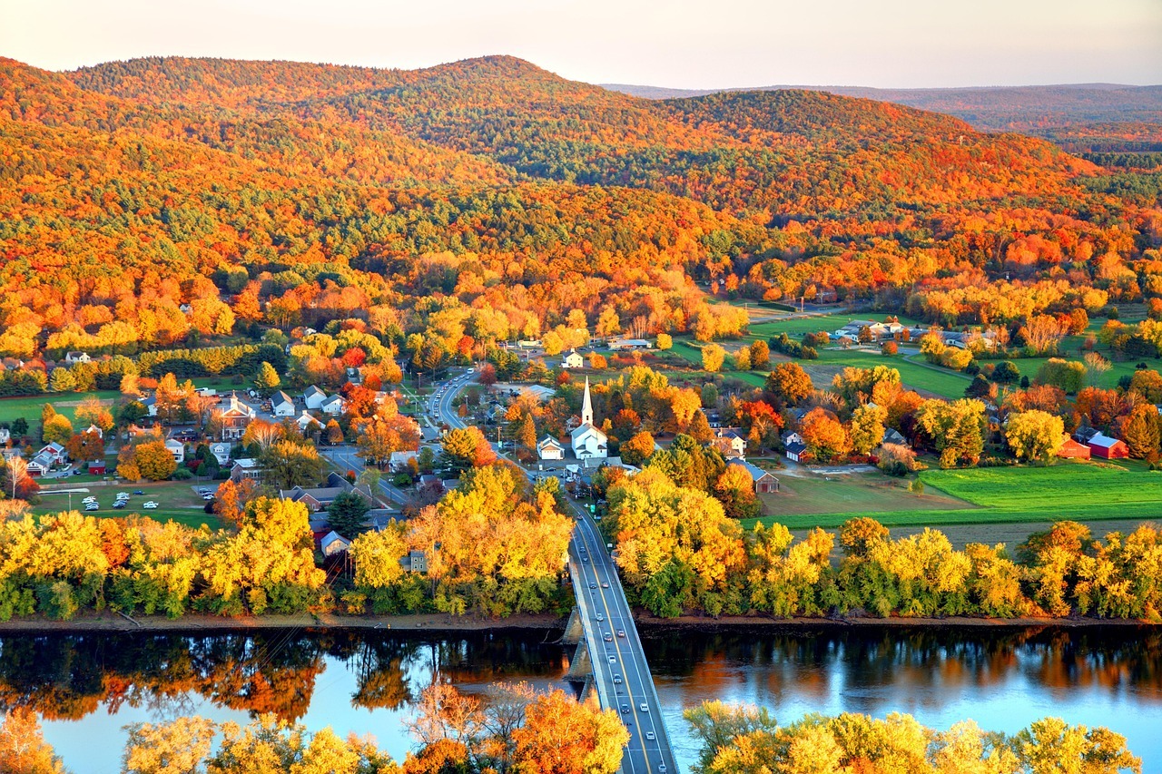 An Autumn forest with homes and other buildings littered between the trees in Connecticut.