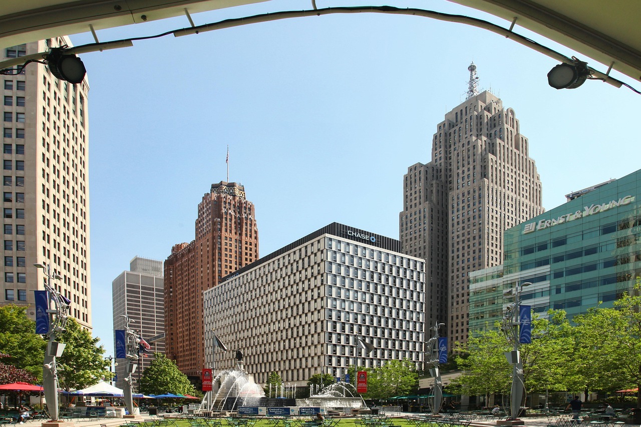 An image of several city buildings and structures in Detroit.