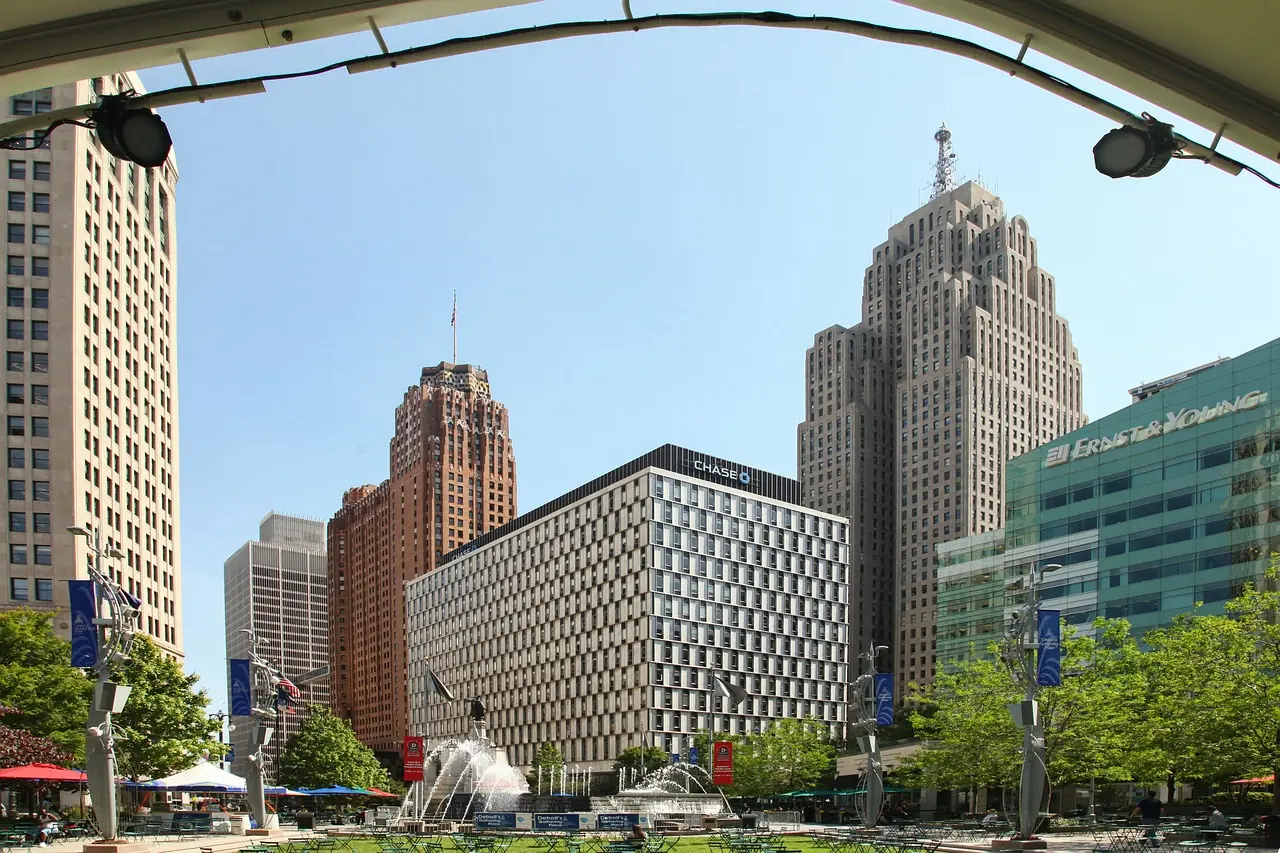 An image of several city buildings and structures in Detroit.