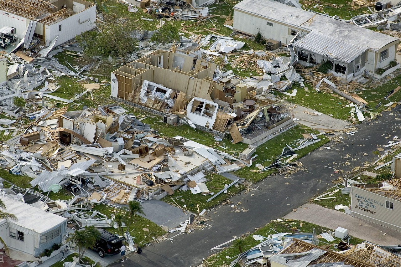Disaster-damaged homes from an aerial perspective remain after a natural disaster strikes.