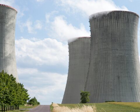 Several silos for nuclear reactors and nuclear energy production.