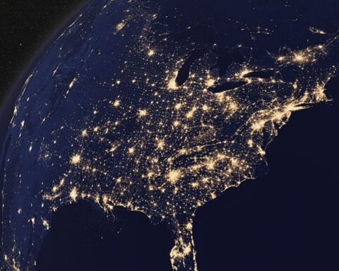 A satellite image of the United States during nighttime.